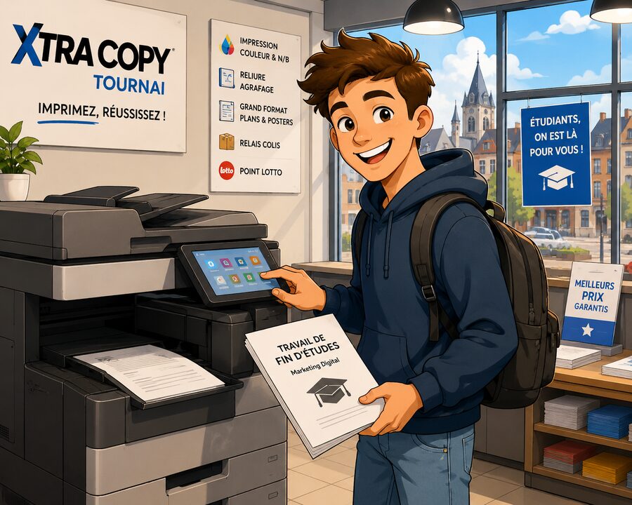 Étudiant imprimant son travail de fin d'études sur une photocopieuse professionnelle chez Xtra Copy Tournai